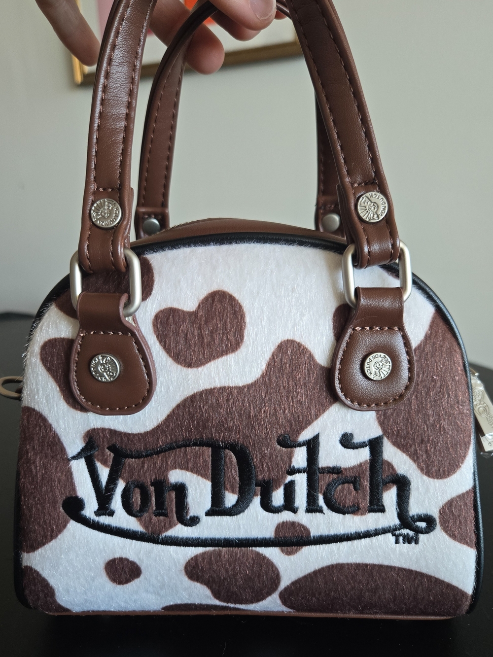 NWT Von Dutch Mini Bowling Bag Brown Cow Print Flying Eyeball Satchel